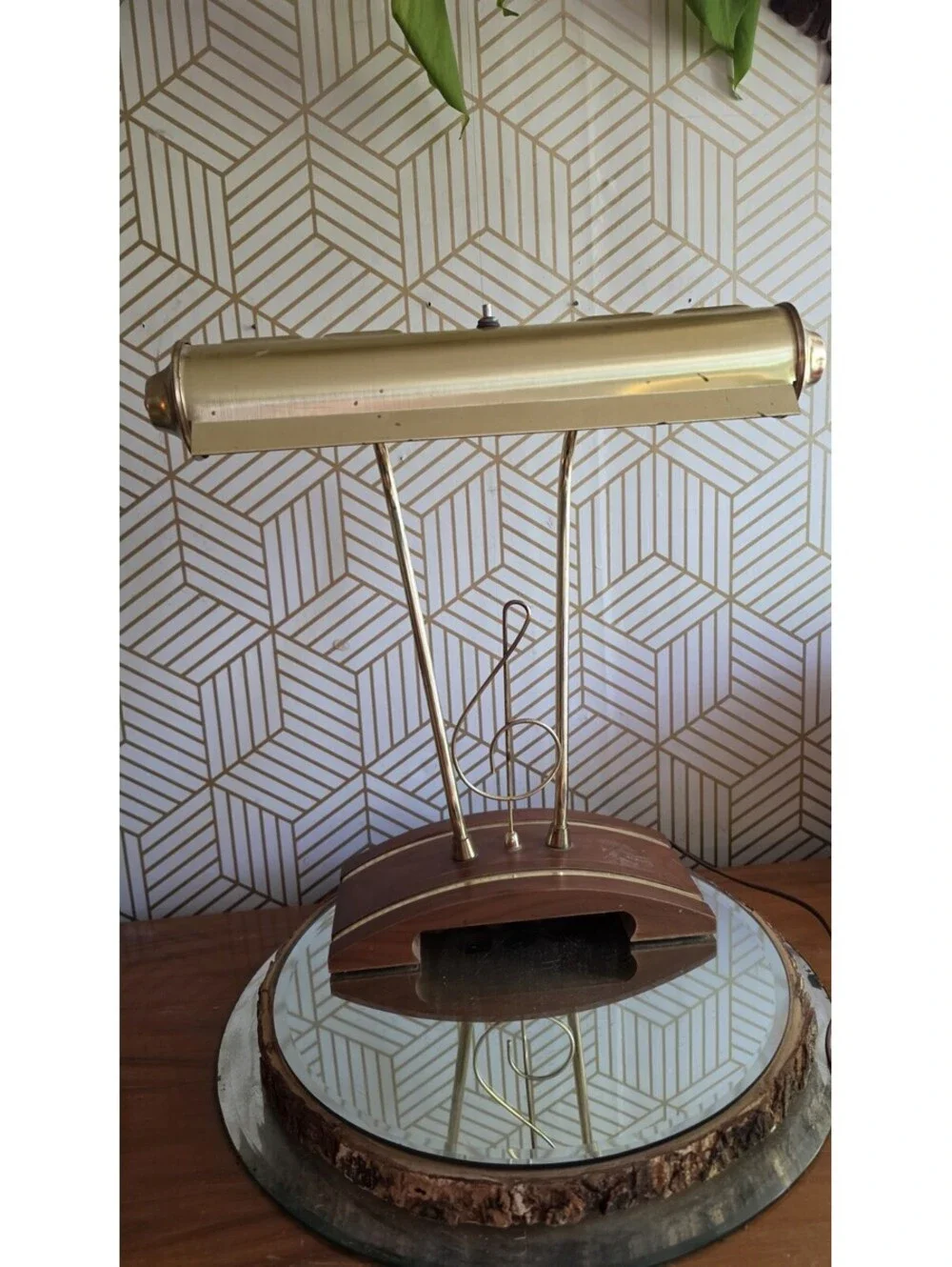 Vintage Large Brass Piano Lamp w Musical Note, Midcentury Wood Base, Wide Head